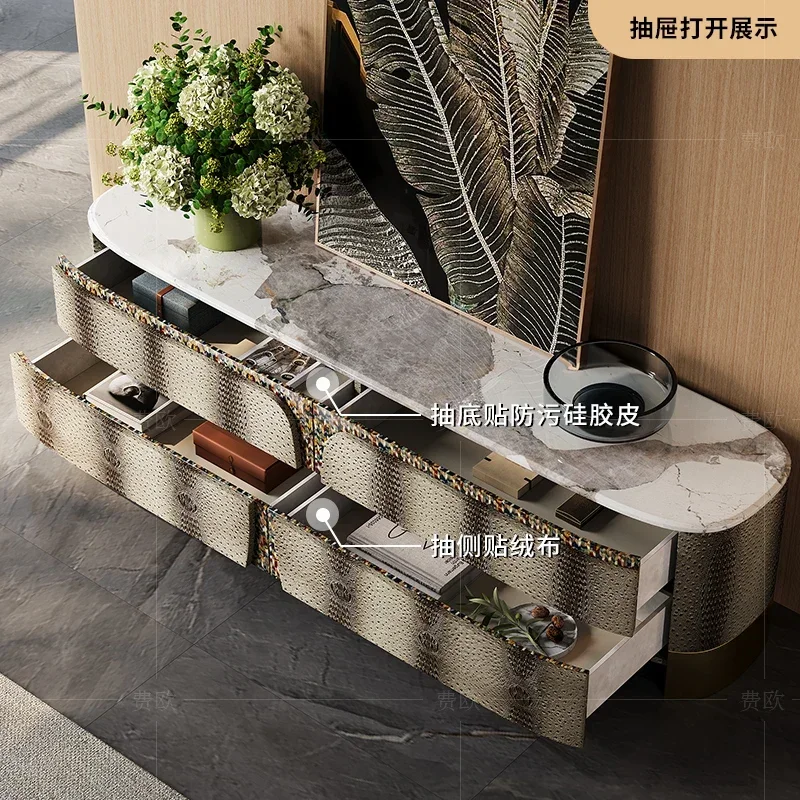 HHHHLight Luxury TV Cabinet Mansion Living Room Fashion High-end Crocodile Leather Marble Coffee Table Floor Cabinet