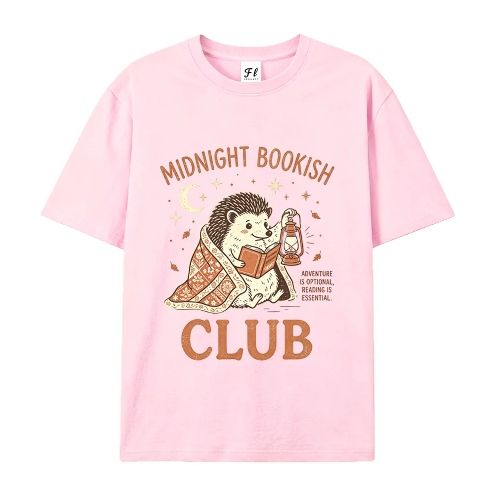 Women Graphic T-Shirt Short Sleeve Tee Cute Hedgehog Bookish Club Print Vintage Casual Loose Oversized Cotton Top