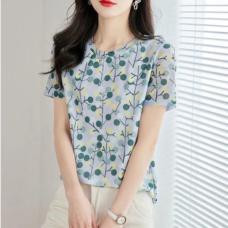 Summer New Korean Style Floral Casual Pullover Female Elegant Fashion Print Short Sleeve Tops Women Chiffon Sweat Femme Clothes