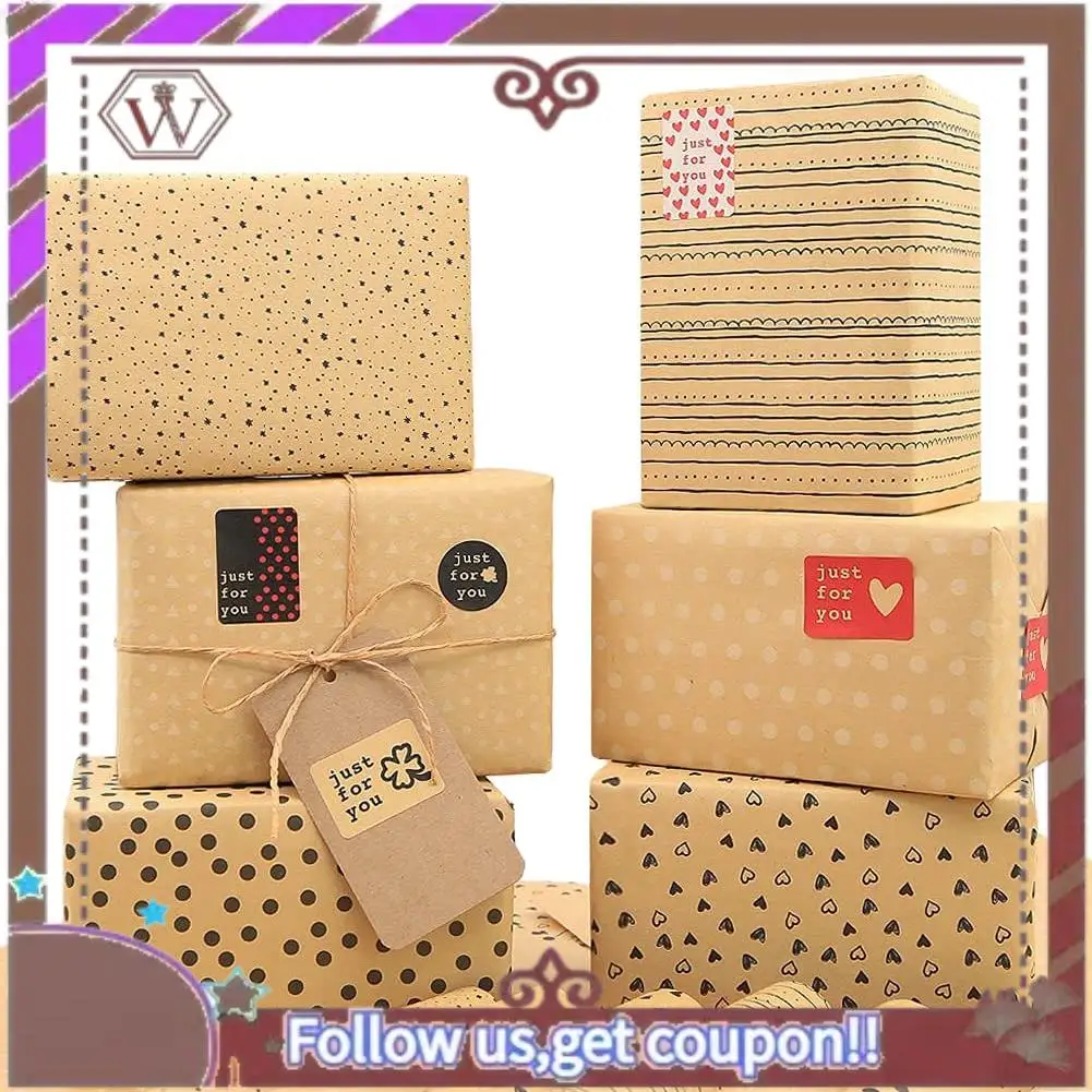 ورق تغليف الهدايا ABBG-Kraft، ورق تغليف عيد الميلاد، 6 أوراق ورق تغليف بني كرافت مع علامات أوتار الجوت والملصق