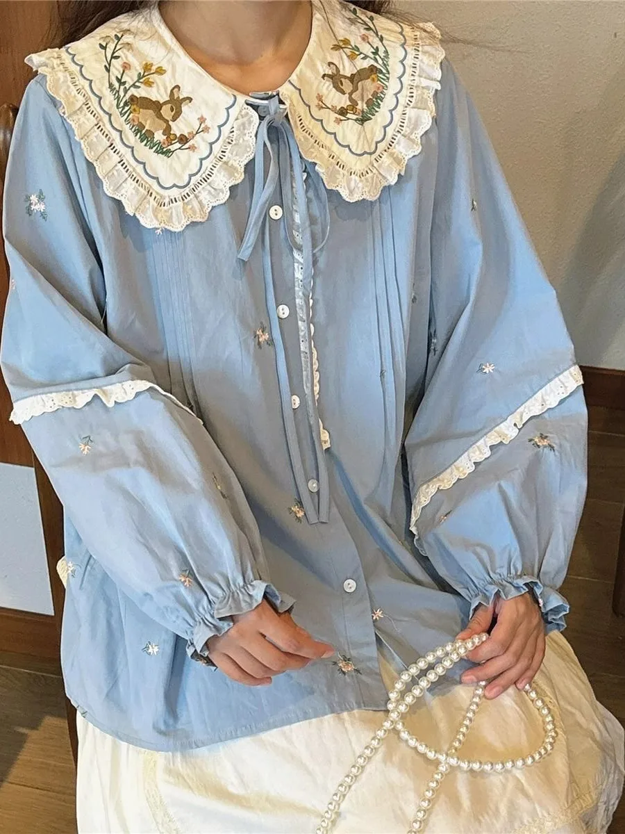 プラスサイズ 300ポンド ファットMM ウサギ刺繍 ドールカラー ロングスリーブ レディース 夏新作 ルーズトップ 韓国風 スタイル 純綿