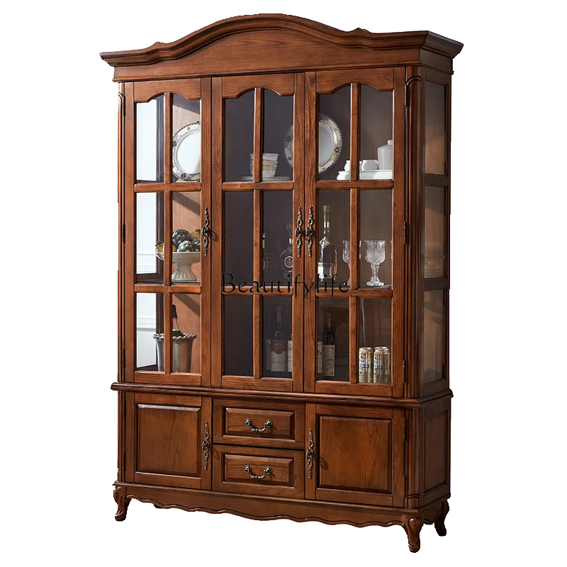 

American-style Solid Wood Three-door Wine Cabinet Vintage Style Living Room New Glass Door Display Cabinet