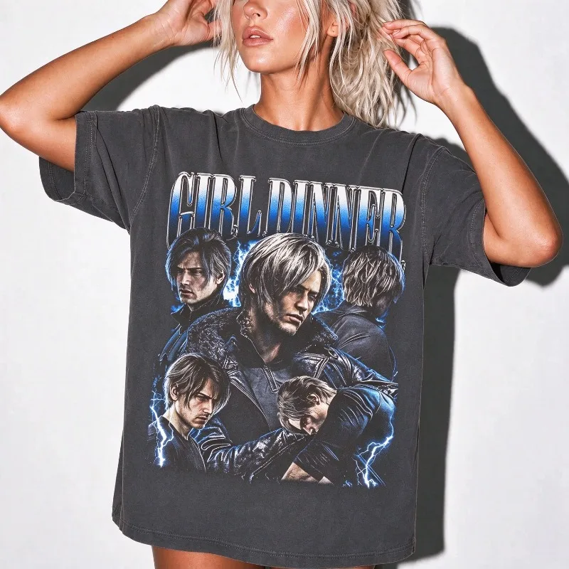 Retro Leon Kennedy Girls' Dinner T-shirt, Resident Evil 2 Game, Suitable for Men and Women All Seasons