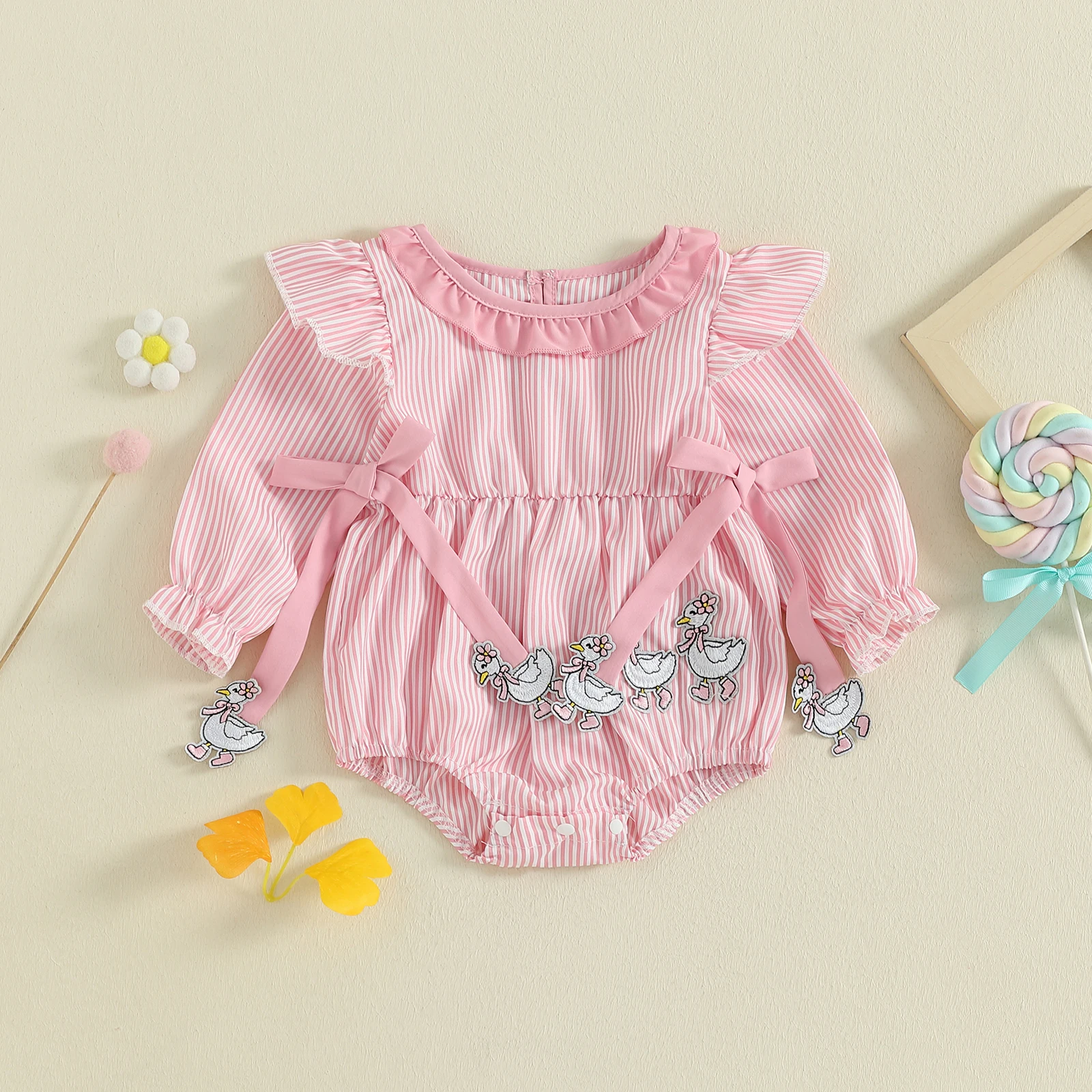 

Newborn Infant Baby Girls Fall Romper Stripe Print Animal Embroidery Bow Long Sleeve Ruffled Round Neck Jumpsuit