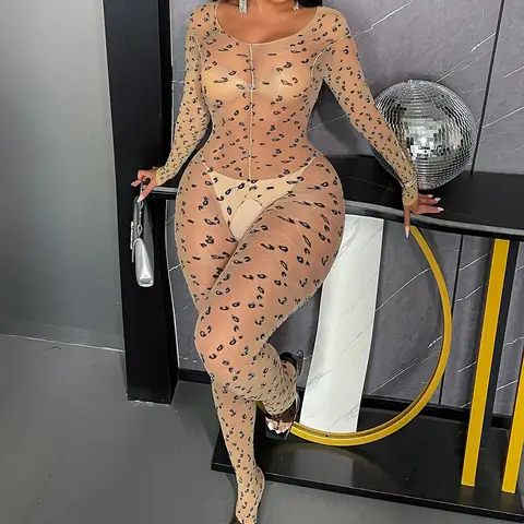 New Sexy Crotchless Lingerie Women Backless Cutout Bra Set Mesh See Through Bodystocking Full Sleeve Leopard Print Underwear Set