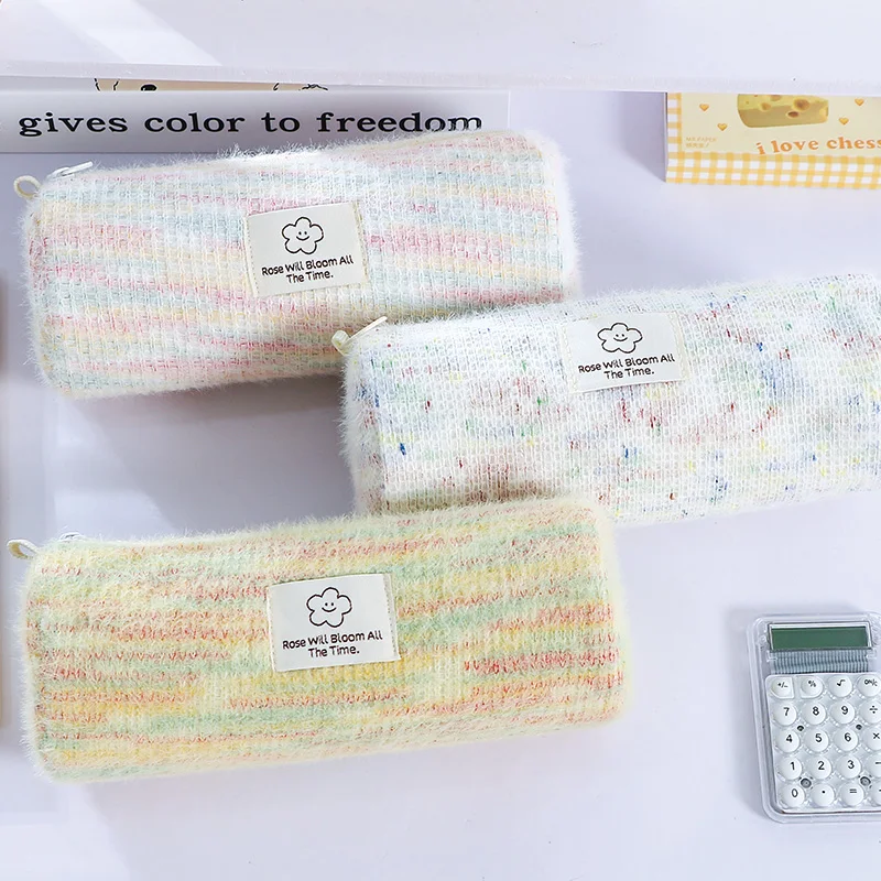 

Large Capacity Fluffy Pencil Case Rainbow Color Series Can Stand Upright Pen Holder Multifunctional Stationery Storage Bag