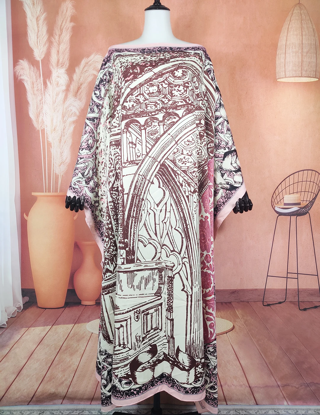 

Middle East Traditional Printed Muslim Women Oversized Silk Kaftan Dress African Summer Sexy Lady Beach Bikini Abaya Dress