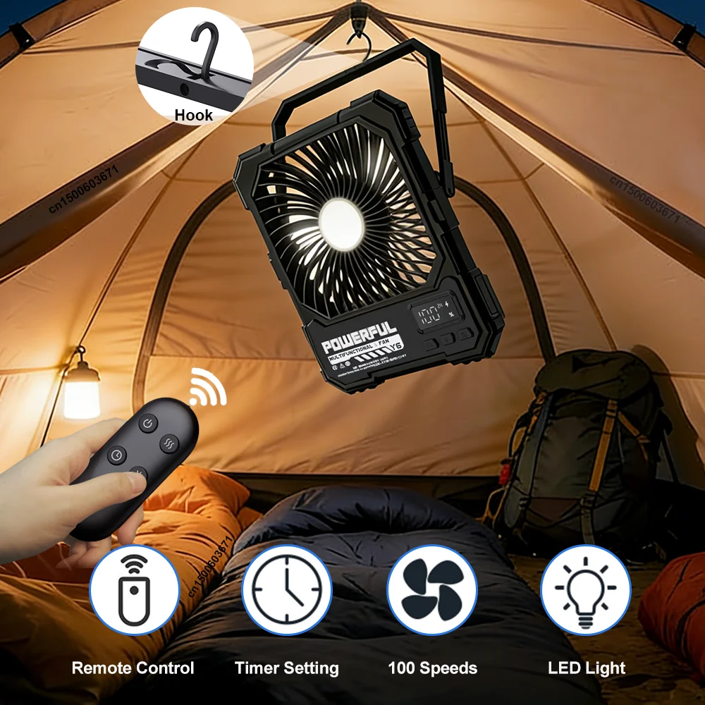 20000mAh Camping Fan Portable Ceiling Fans Foldable Desk Fan Tent Air Circulator Cooler Rechargeable Electric Fan with LED Light