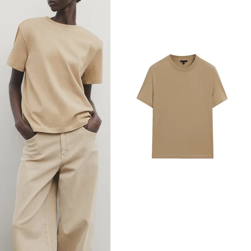 Casual Lightweight Camel Color round Neck Short Sleeve T-Shirt for Women Skin-friendly Material Straight Fit Spring New Arrival