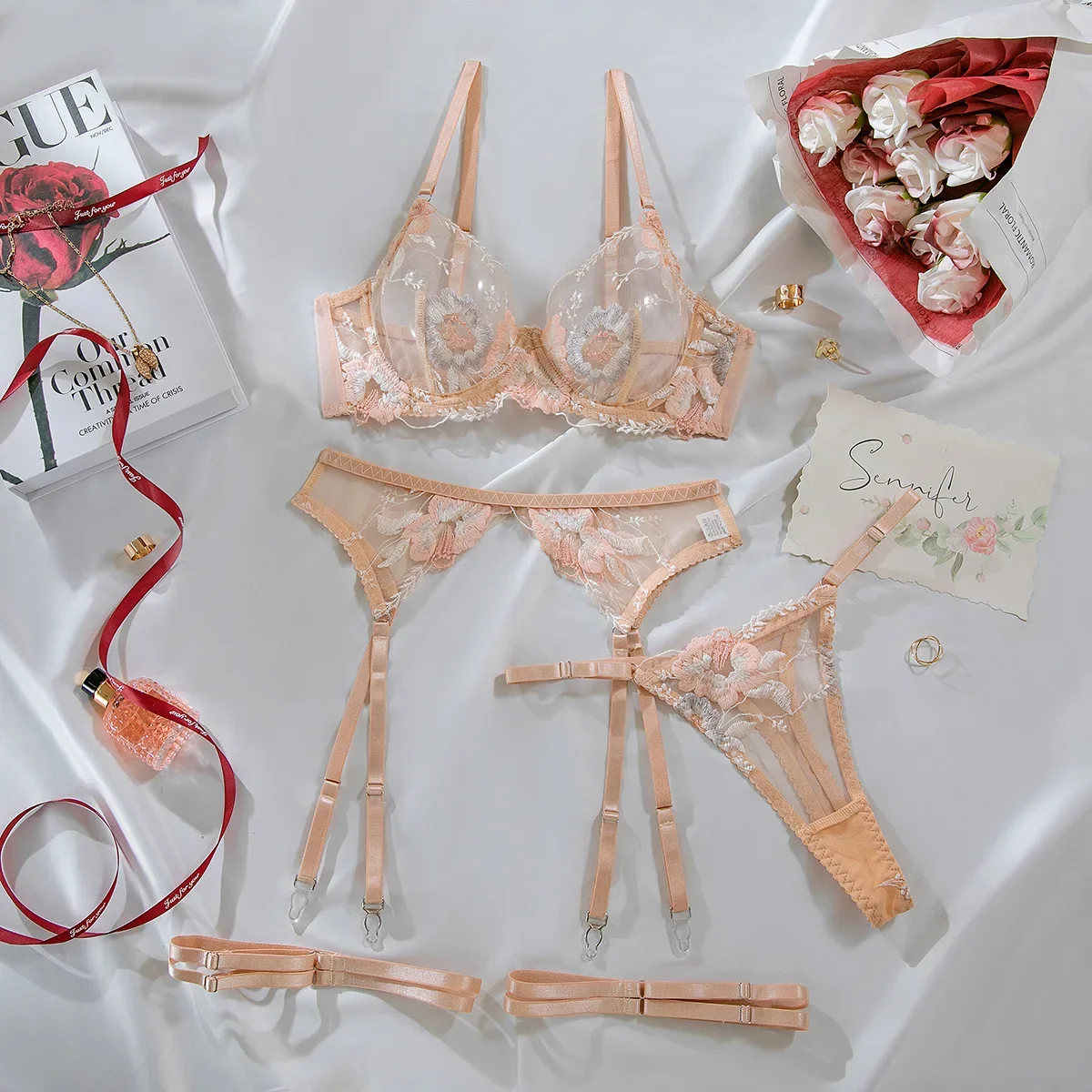 

Floral Erotic Lingerie For Full Set Woman 5-Pieces Transparent Bra Exotic Sets Femmes Luxury Ensemble Lingeries