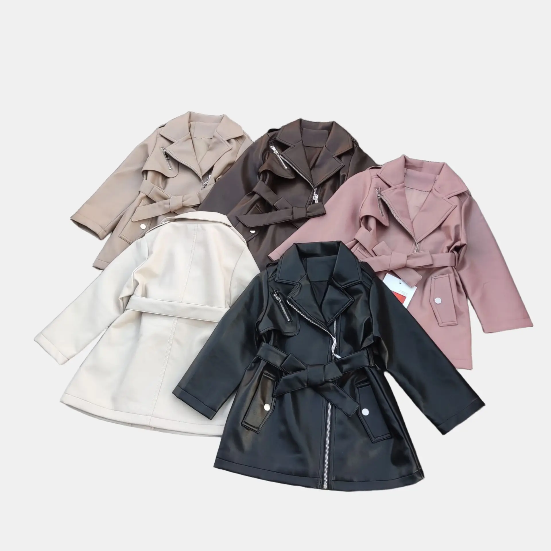 Girls' spring trench coat, PU leather jacket with lapel, long sleeve windbreaker, spring and autumn mid-length jacket coat