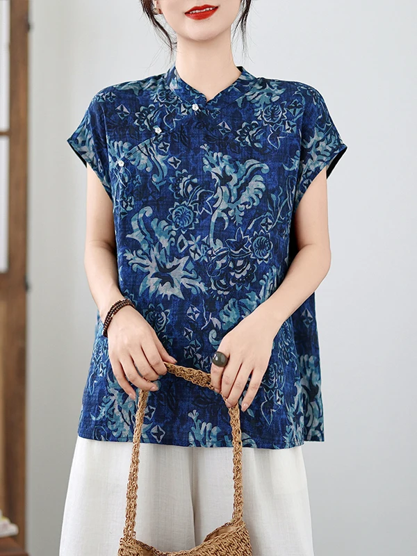 Gaun Kerja Wanita Model Kerah Tegak, Bahan Porselen Biru Putih Musim Panas, Gaya Cina Modern, Slim Fit, Serbaguna, Elegan, Cocok untuk Kerja...