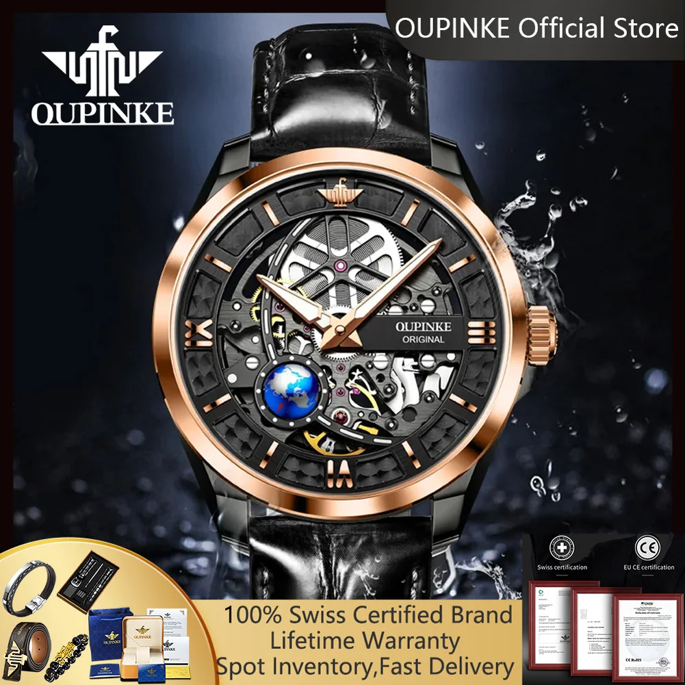 

OUPINKE 3268 мужские автоматические механические наручные часы со скелетонизированным дизайном 50 м водостойкий сапфировое зеркало кожаный ремешок роскошные мужские часы