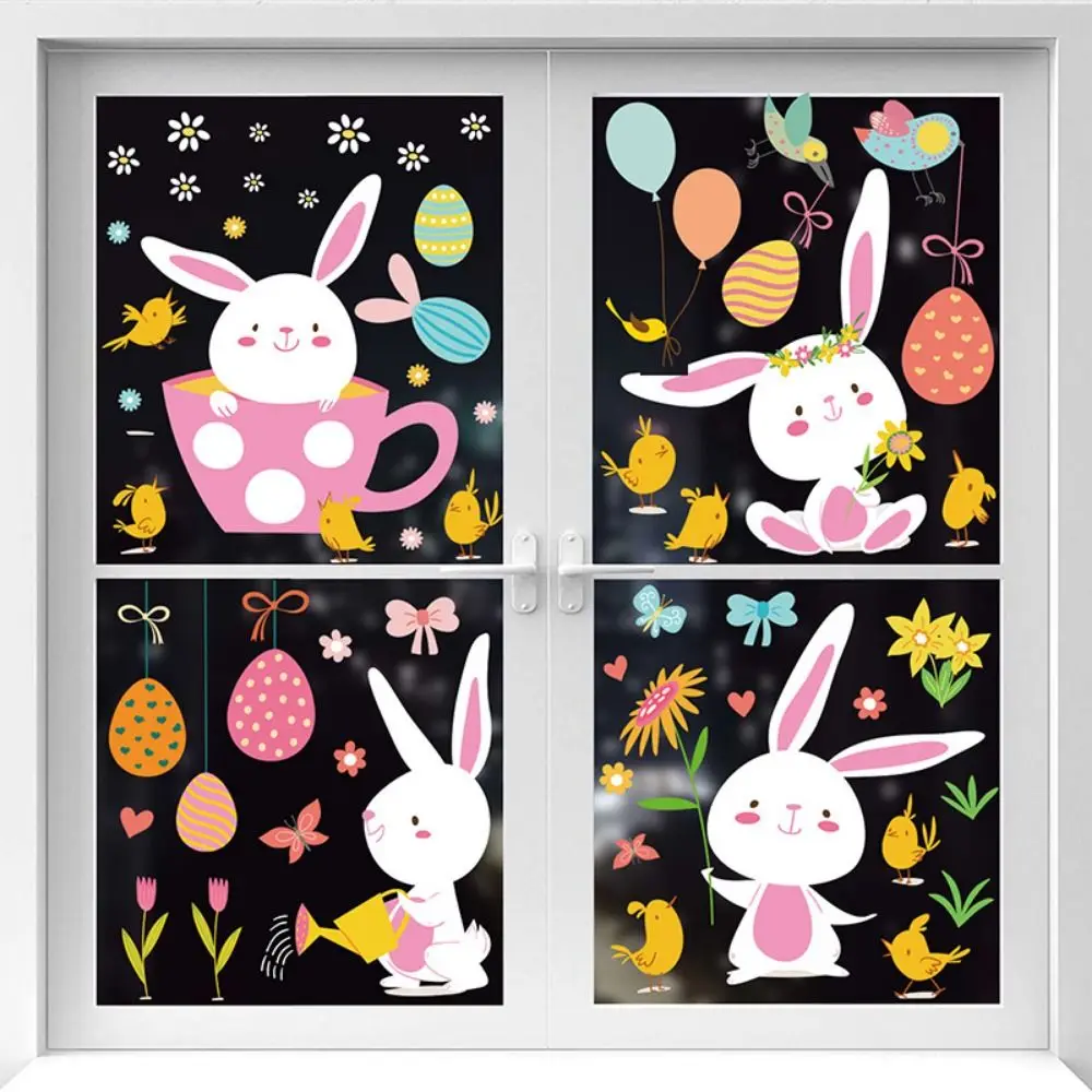 9pcs/1 set Bunny Happy Easter Window Stickers Rabbit Flowers Rabbit Electrostatic Glass Sticker Egg Cartoon