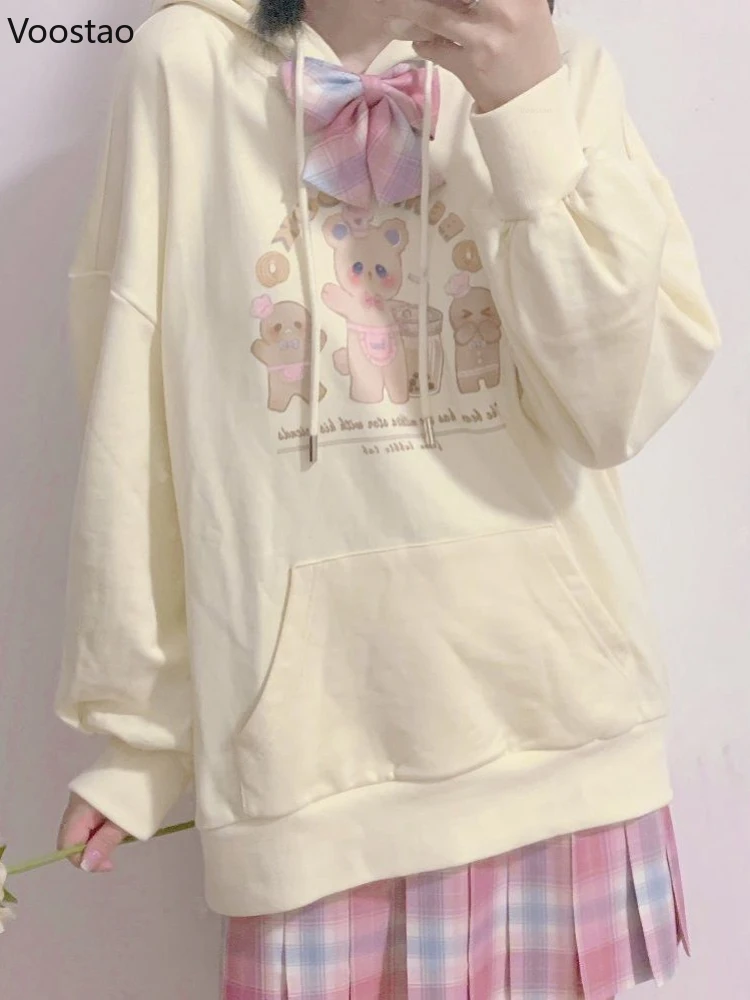 Autumn Japanese Sweet Milk Tea Bear Print Hoodies Women Kawaii Loose Hooded JK Sweatshirts Spring Girls Harajuku Cute Outerwear