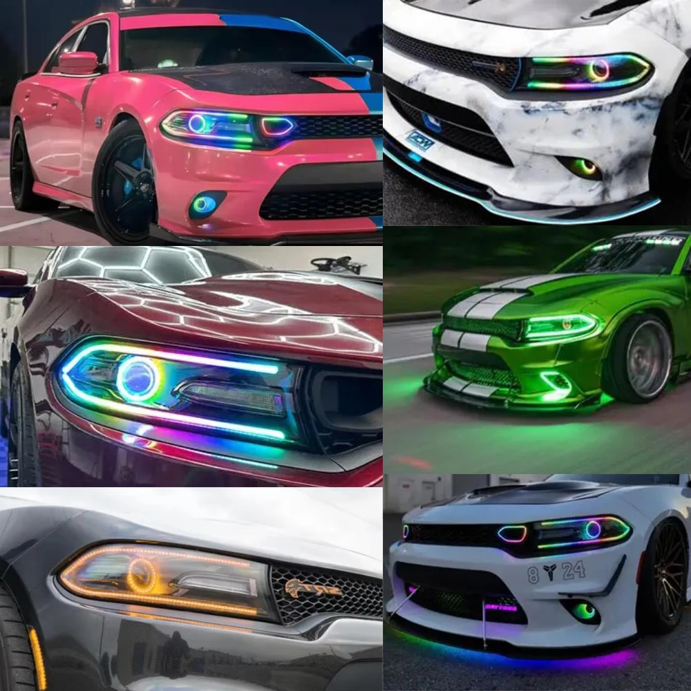 6x LED Flashing Multi-Color RGB LED Angel Eyes DRL Board Headlight Kit for Dodge Charger 2015-2021 App Control Bluetooth