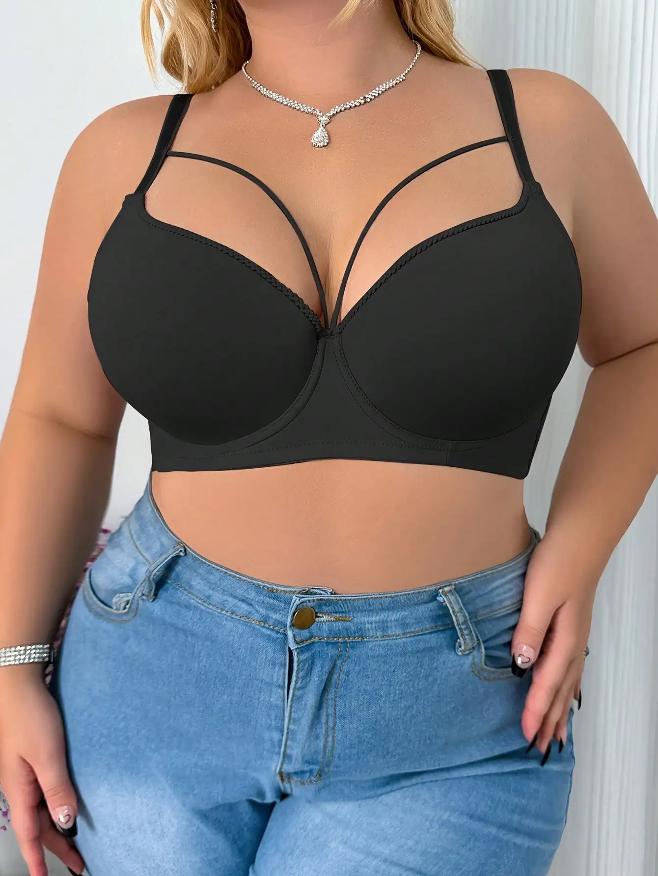Big Size Women\'s 3/4 Cup Lingerie Sexy Medium Mold Cup Non-Convertible Straps Soft Solid Push up Gathered C D E Cup Lingerie