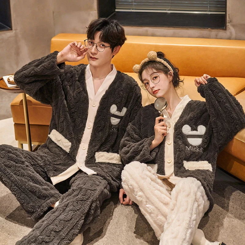 Warm V Neck Thicken Flannel Couple Winter Sleepwear Sleeping Loose Soft Korean Style Women Causal Cartoon Pajama Sets