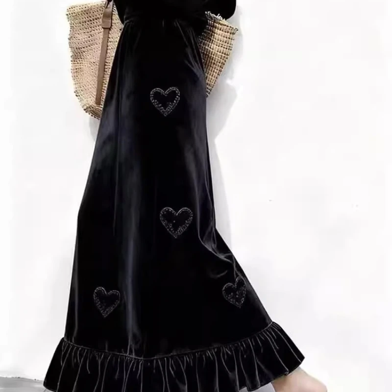

Зима-Осень, женская эластичная юбка с высокой талией и оборками в виде сердца, длинная черная бархатная юбка, велюровые юбки для женской одежды