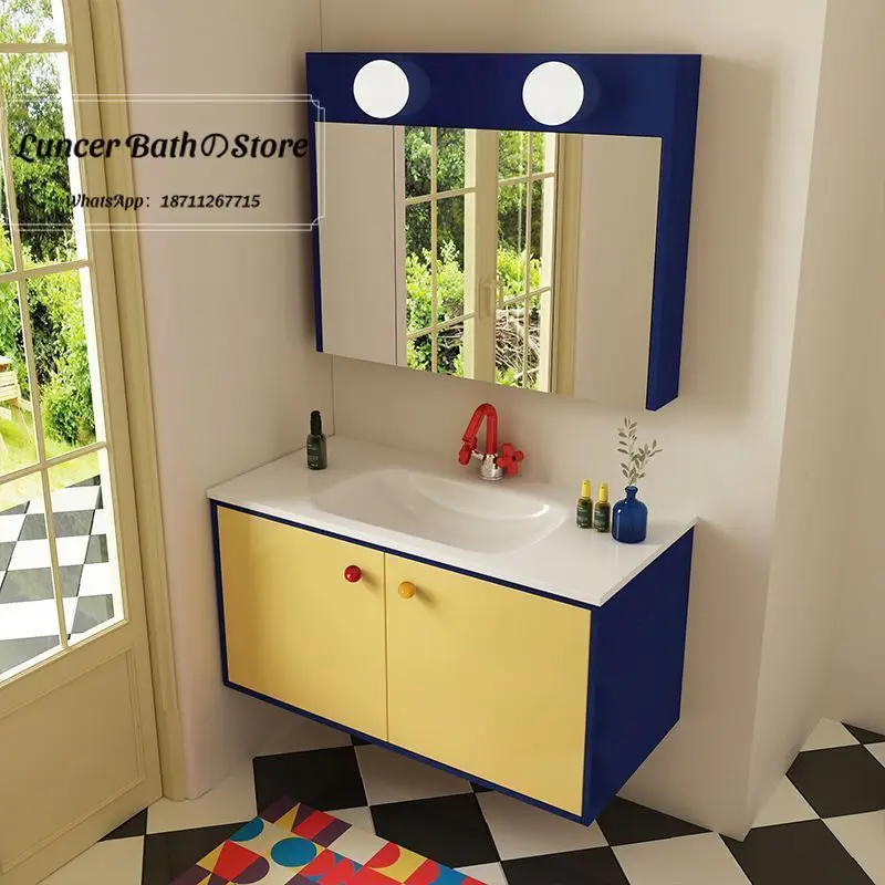 Bathroom vanity set - oak finish, integrated ceramic basin, red faucet, bathroom washbasin