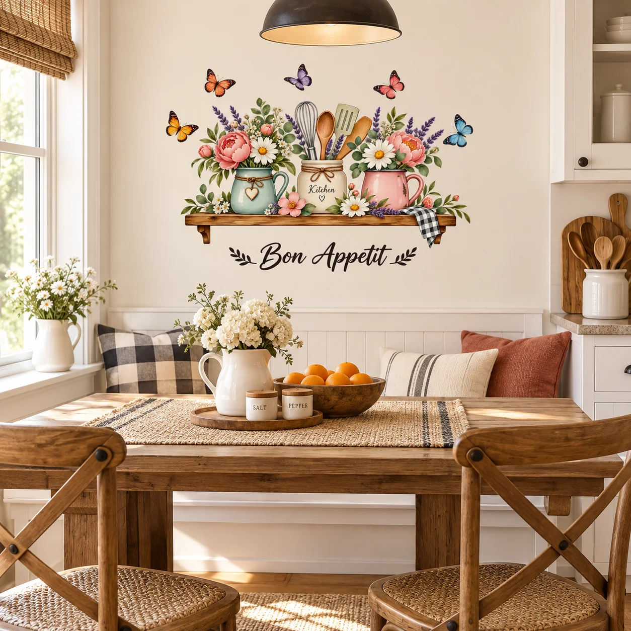 Kitchen Wall Decal Bon Appetit Peony Daisy Flower Butterfly Wooden Shelf Farmhouse Kitchen Home Decor Sticker