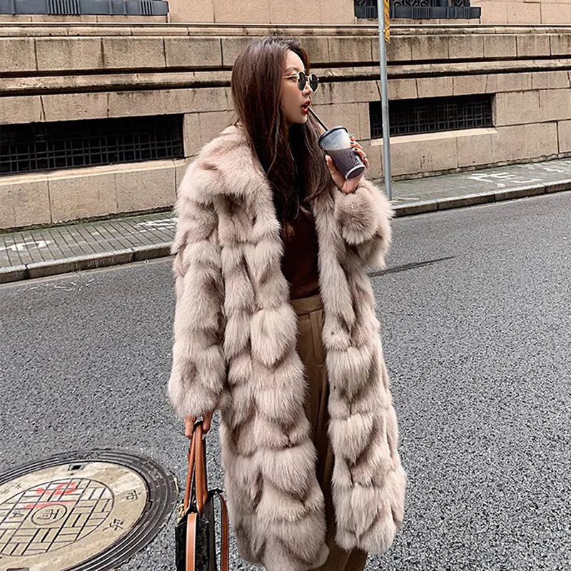 Casaco longo Faux Fox Fur para As Mulheres Casaco Fofo Marrom Casaco Casual Casaco Grosso Quente Imitação de Pele Solta Casaco de Pele de Inverno