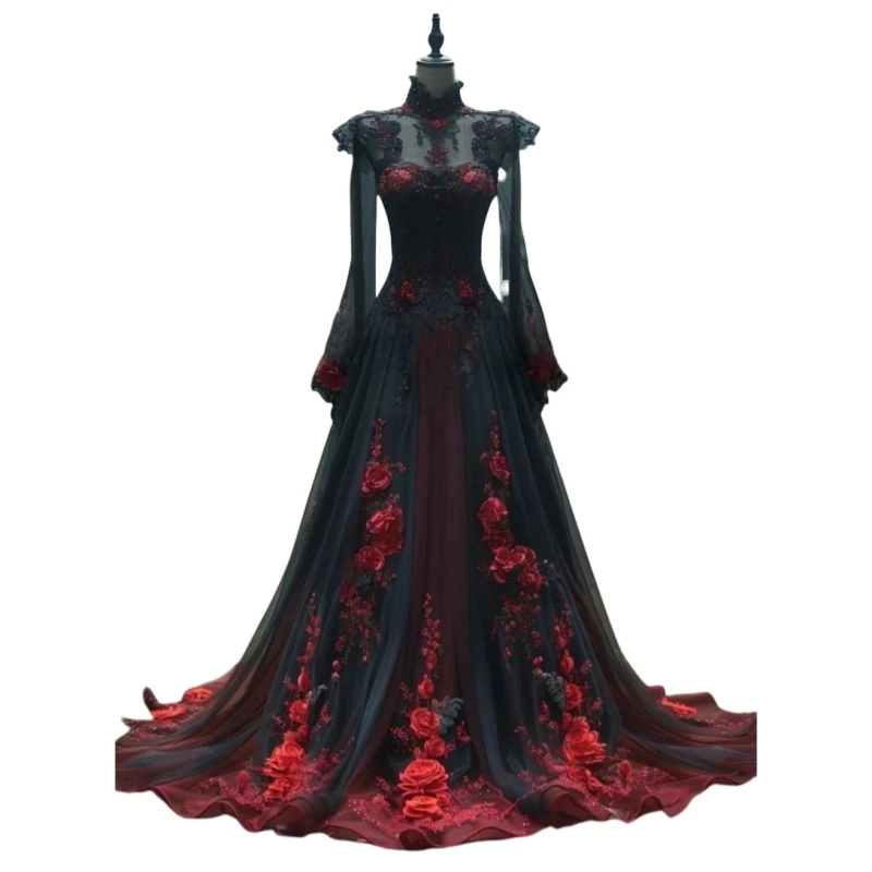 Red And Black Gothic Wedding Dress With 3D Floral Appliques Lace A-line Tulle Vintage Bridal Gown Flare Sleeve Customized