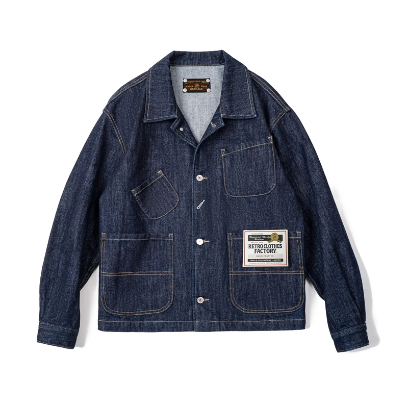 

American Retro Multi Pocket Denim Jacket with Turndown Collar Amikage Coat for Men Spring New Arrival