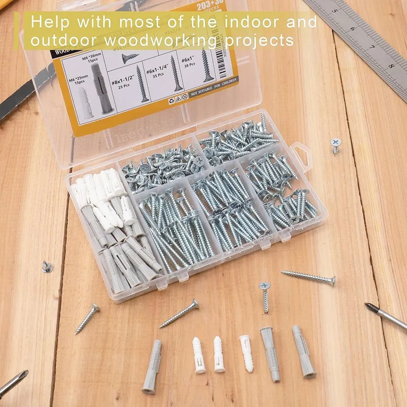 233Pcs Blue White Zinc Plated Wood Screws Assortment Kit, Countersunk Cross Head Self-Tapping Screws with Wall Plugs