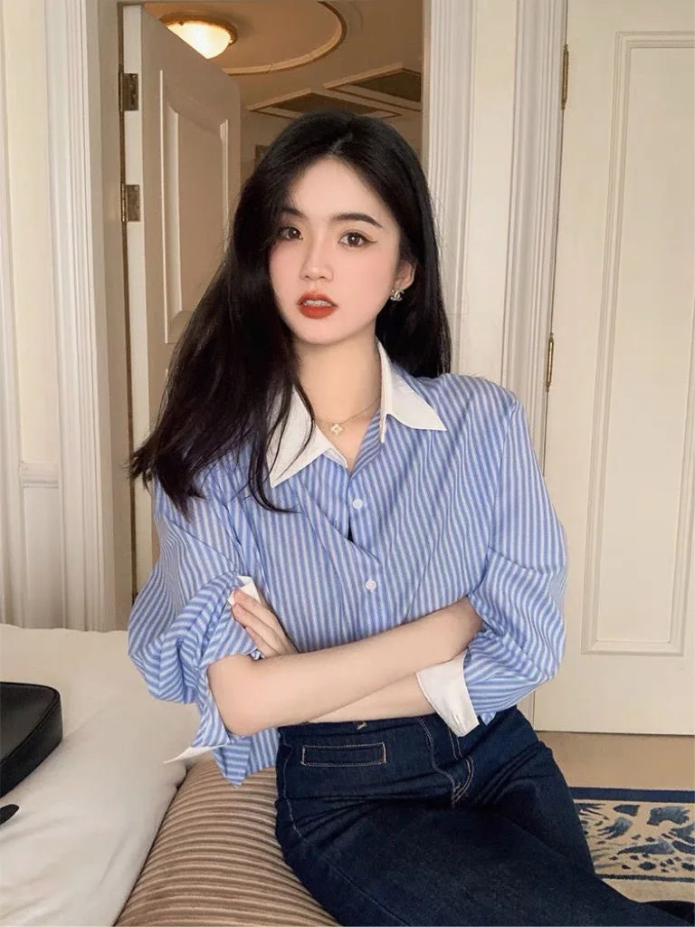 

Chic Autumn Casual Striped Long Sve irt Women's Loose Fit Turn-down Collar Color Blo Versatile Top Faionable Trendy