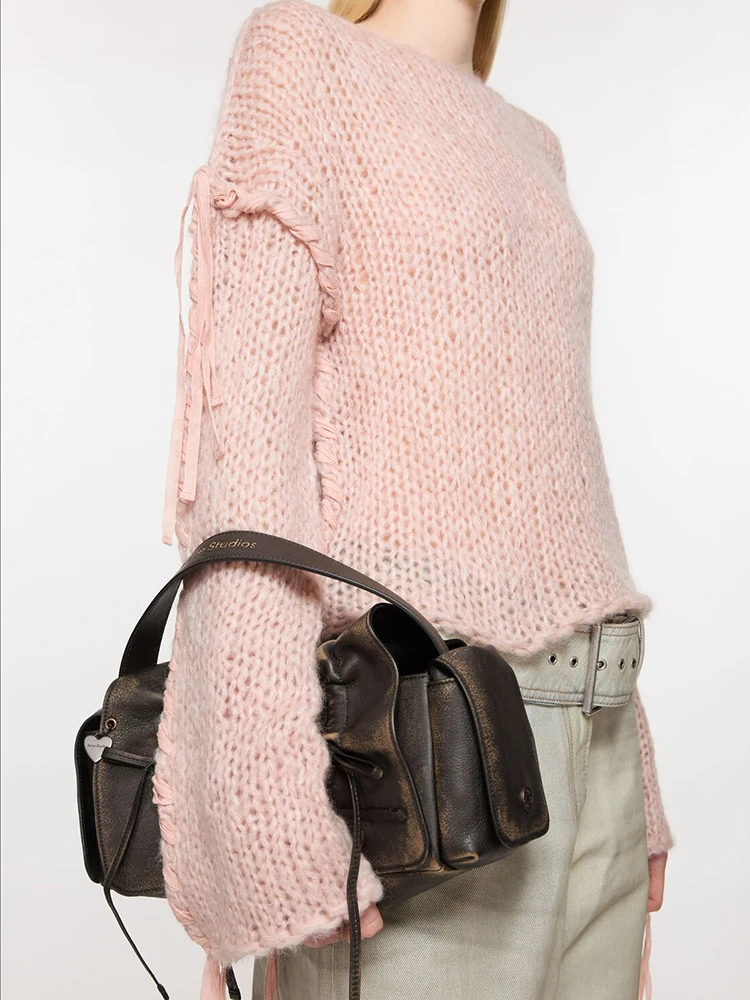 Sweet and gentle air drop shoulder seam hem lace-up loose all-match knitted long-sleeved sweater