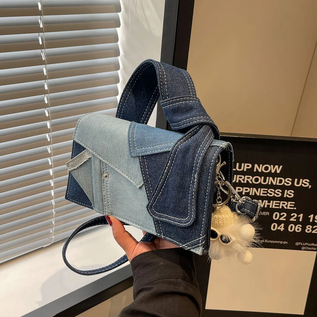 Women's Denim Colorblock Small Square Handbag Casual Top Handle Crossbody Shoulder Bag With Cute Plush Pendant