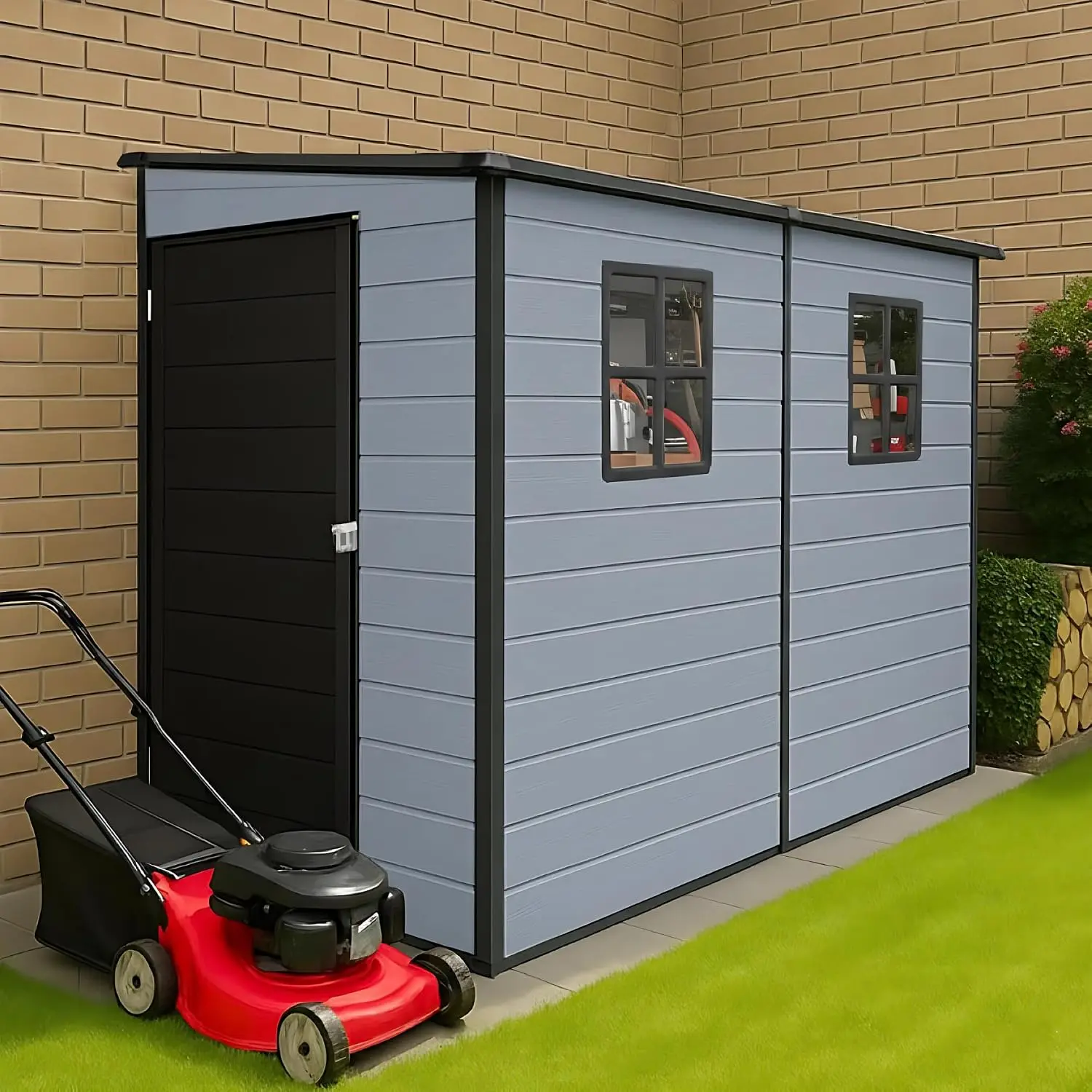 8x4ft Resin Storage Shed with Floor & 2 Windows, Plastic Outdoor Shed for Patio Furniture & Garden Tools, Black+Grey, Customized