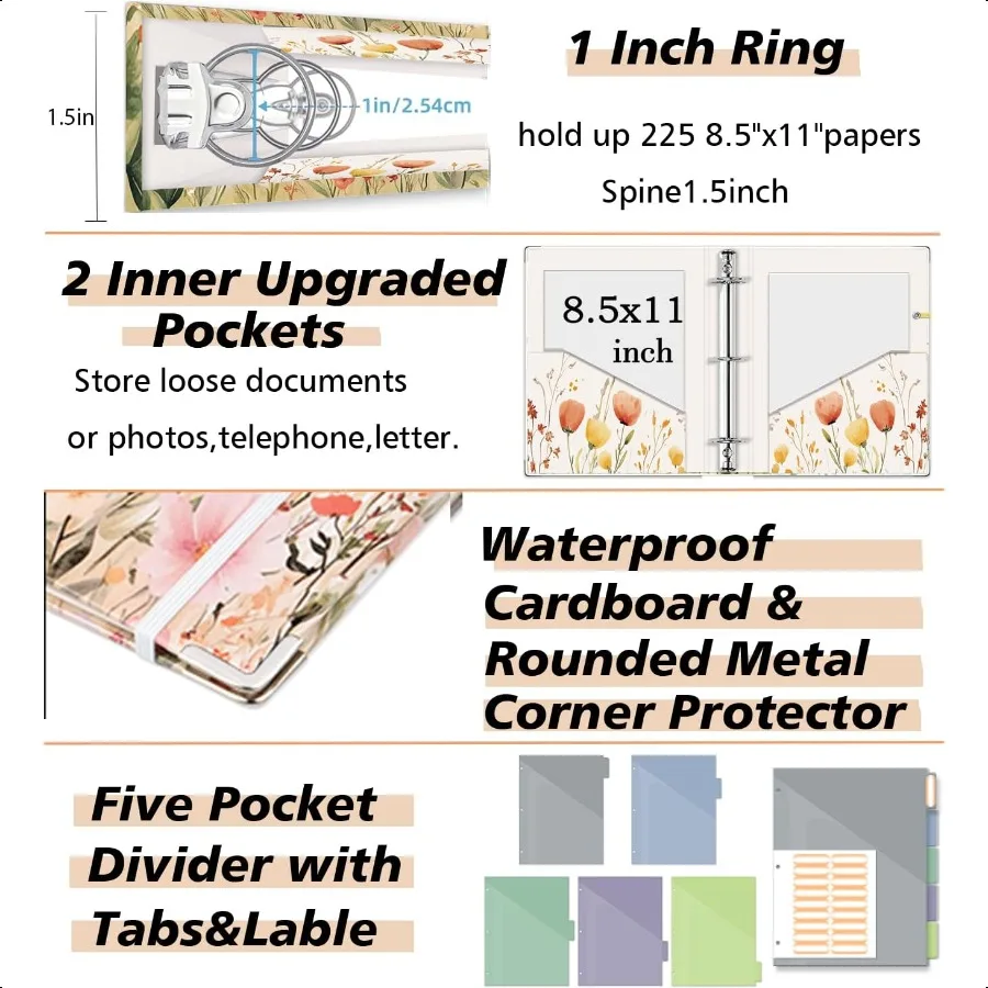 3 حلقات 1 بوصة منظم ثلاثة مجلدات حلقية مع حافظة 5 علامات جيوب فواصل مجلد بلاستيكي 18 مقسم ملصقات قلم L