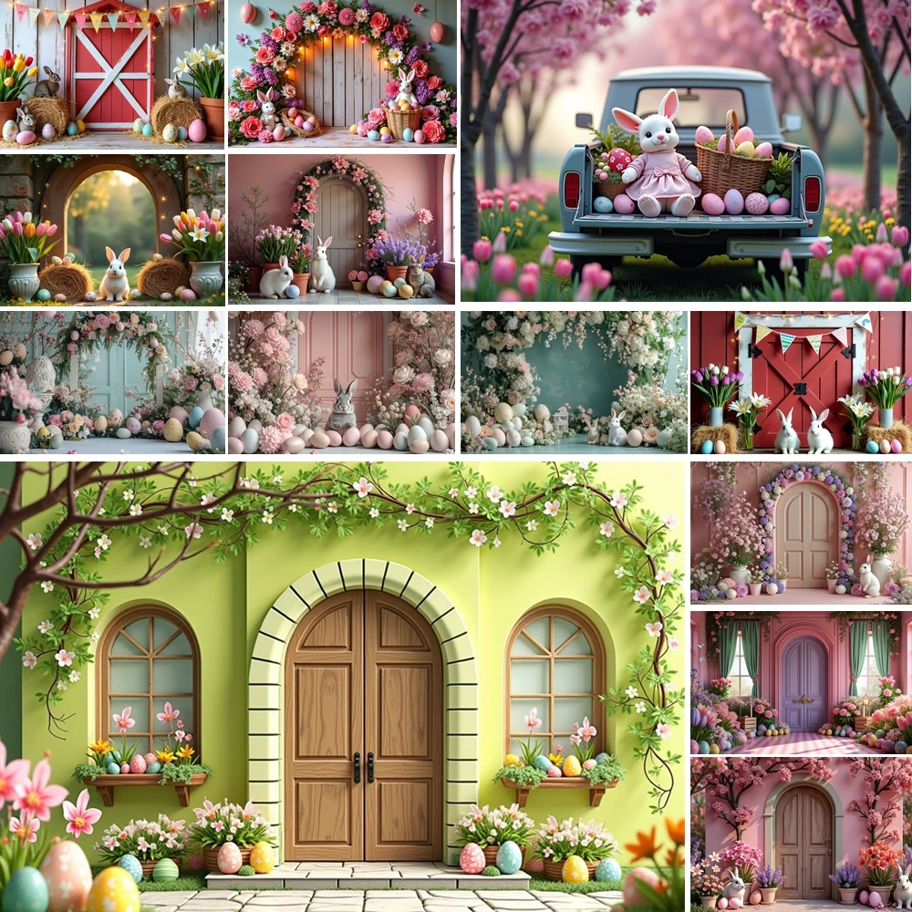

MOON.QG Cheerful Easter Barn Door Photography Background Truck Tulip Backdrop Kids Birthday Photozone Photo Studio Wallpaper