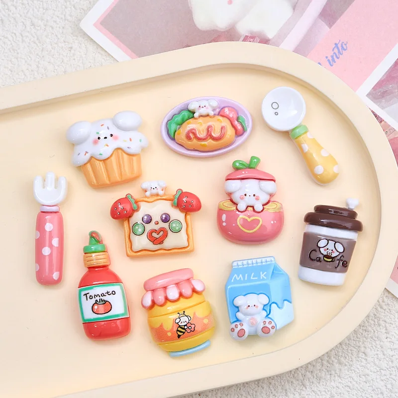 10Pcs Cartoon Dog Cake Ketchup Coffee Resin Flatback Cabochon Scrapbooking For Phone Decoration Crafts DIY Dollhouse Accessories