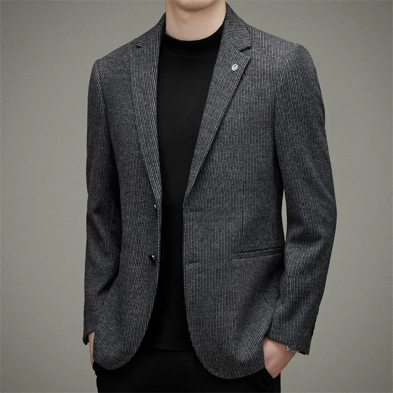 High-quality Gray Fashion New Men's Blazer Formal Business Casual Elegant Suit Jacket Men's Striped Cotton Jacket Thicken Coat