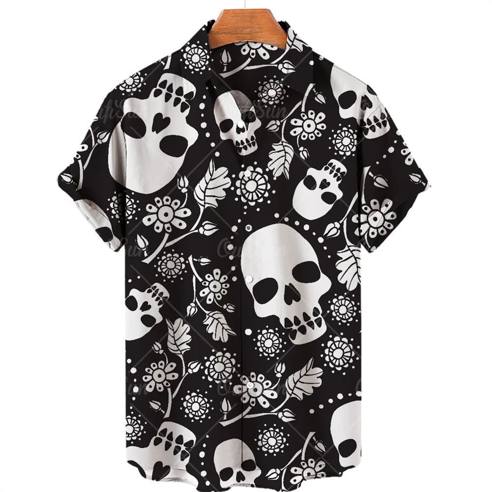 Hawaiihemd mit Totenkopf-Print, kurzärmelig, locker geschnitten, atmungsaktiv, Hip-Hop-Stil, schnelltrocknend, bequemes Herrenhemd für den Strand – Detail 13