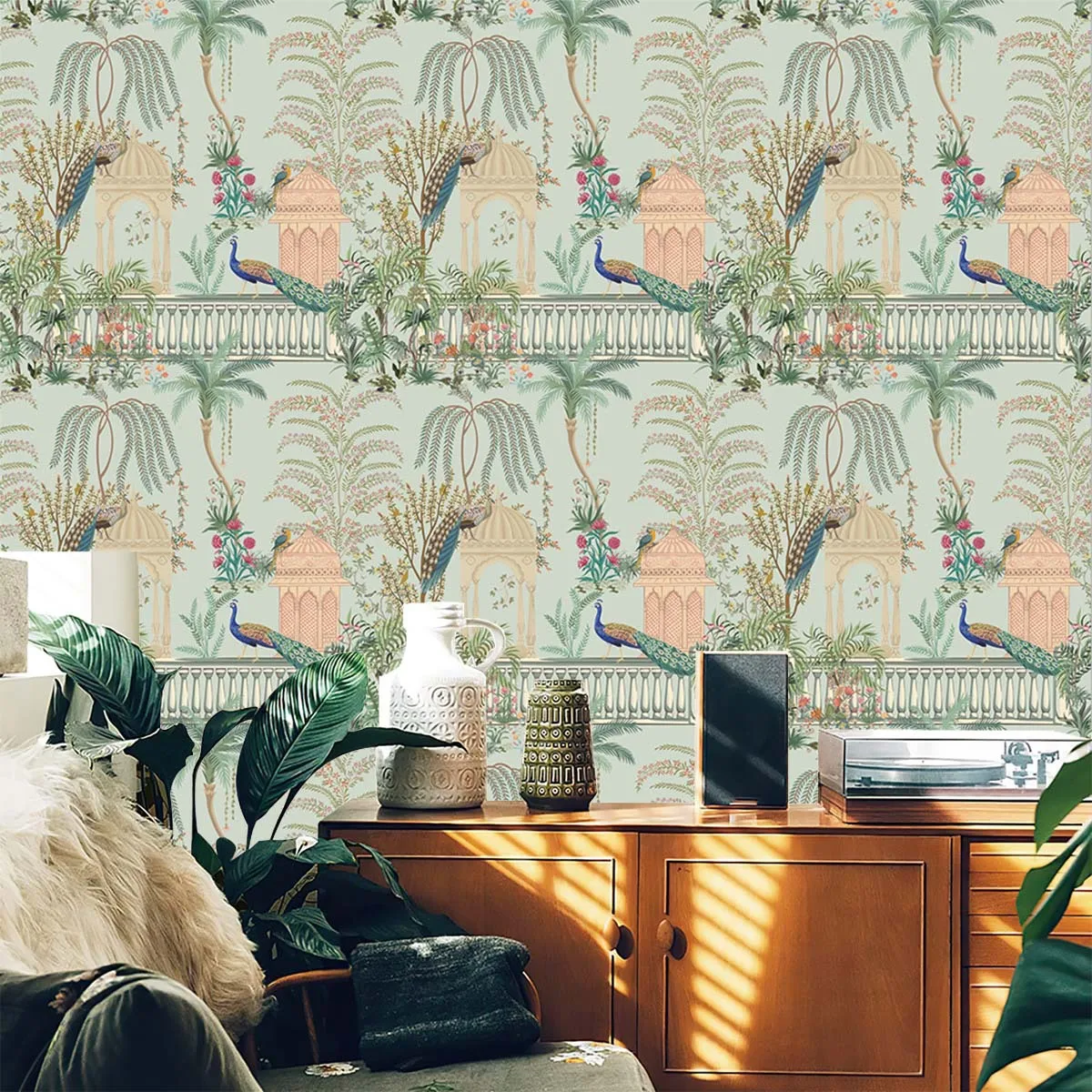 Chinoiserie Peacock Garden Peel and Stick Wallpaper Pavilion Floral Self Adhesive Pvc Removable Wall Mural Sticker for Bedroom