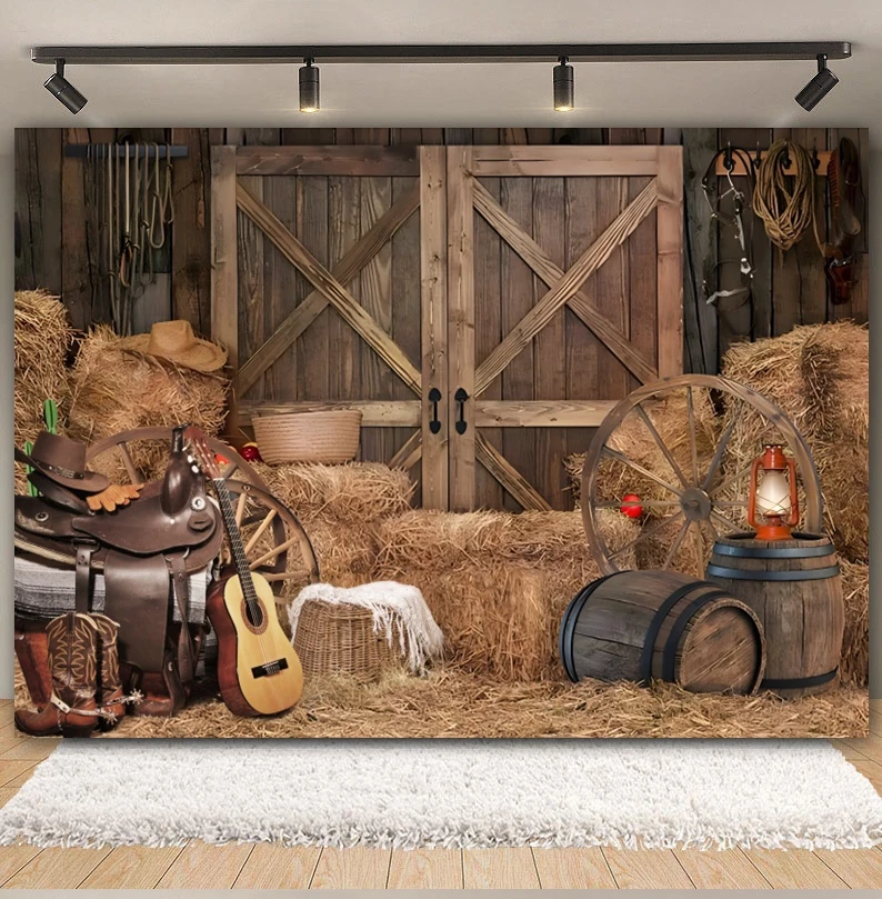 Western Cowboy Backdrop for Photography Wild West Rustic Farm Barn Haystack Hay Bale Wheel Kids Birthday Background Photo Studio