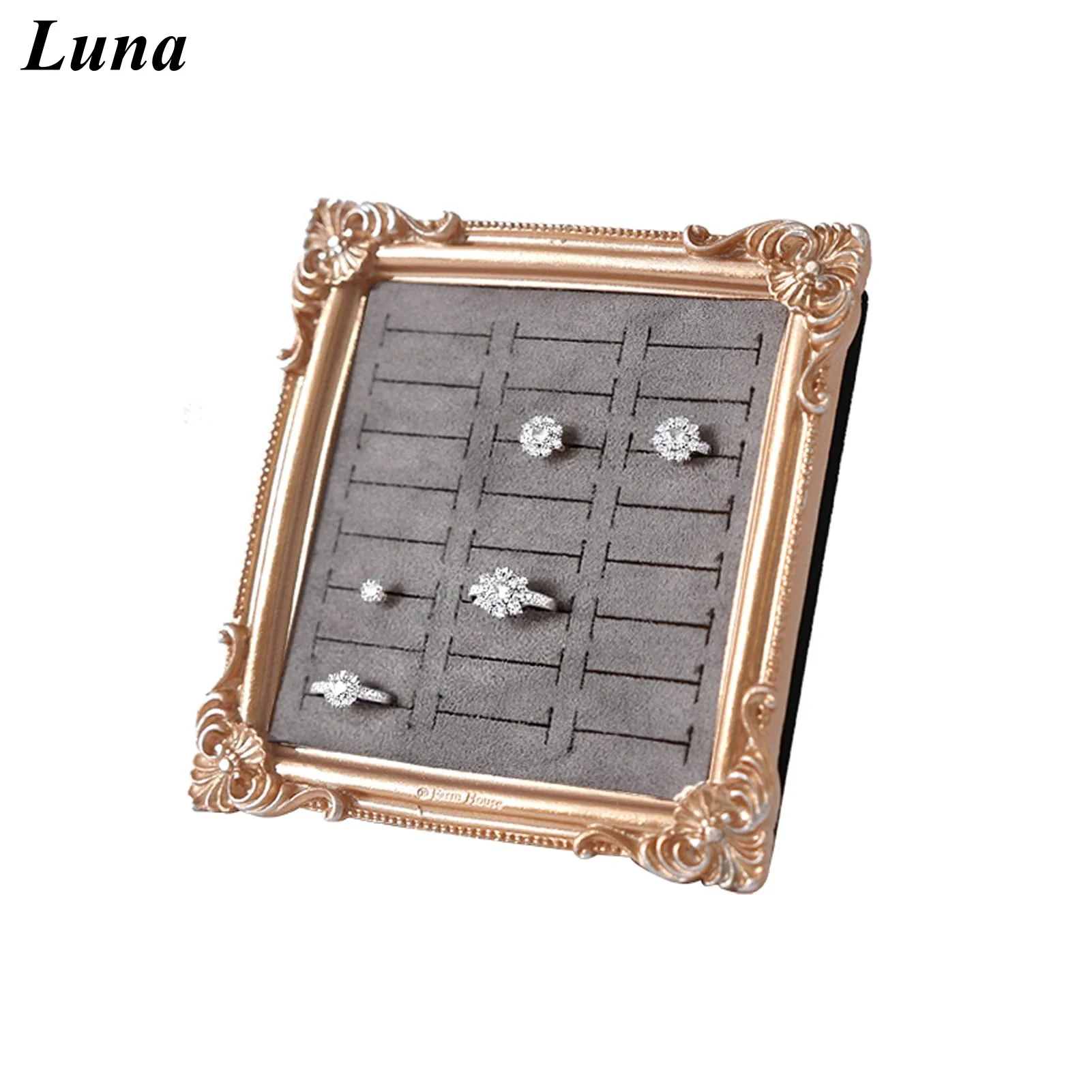 

Vintage Photo Frame Ring Holder - 24 Slot Velvet Jewelry Organizer Display Stand for All Ring Sizes, Gold Baroque Elegant Storag