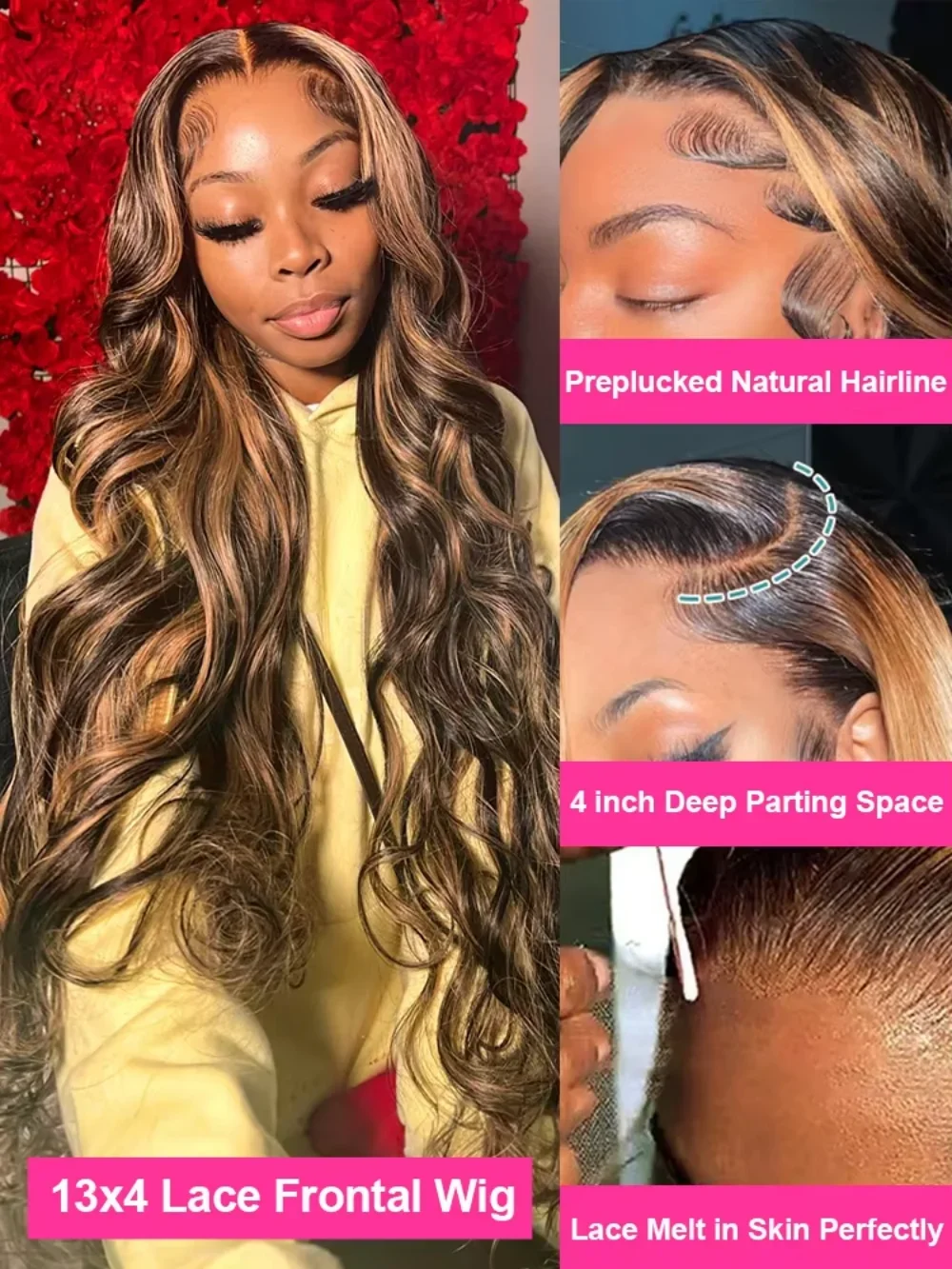 46 بوصة 220 الكثافة تسليط الضوء على شعر مستعار شعر الإنسان الجسم موجة خصلات الشعر المستعار الإنسان P427 الملونة HD شعر مستعار الدانتيل 13x6 13x4 الشعر البشري للنساء