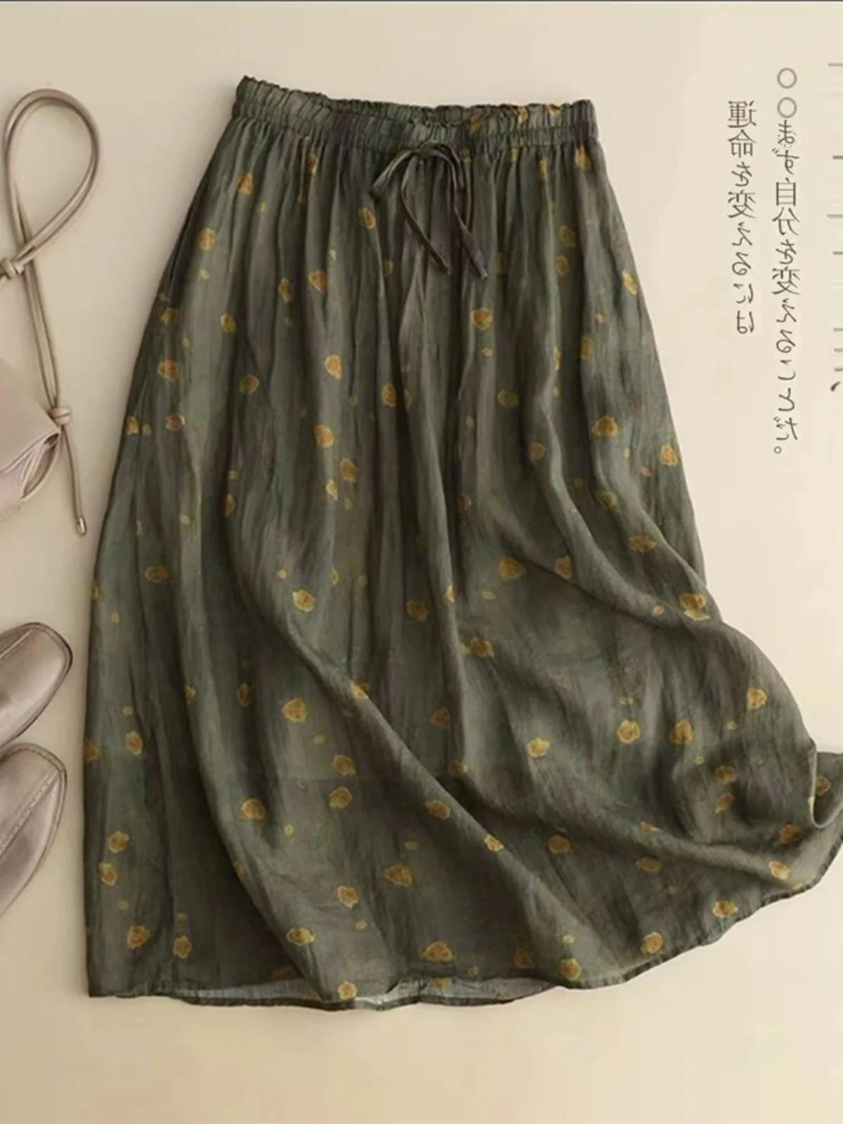 تنورة ميدي عالية الخصر على شكل حرف a من القطن والكتان بطبقة مزدوجة مطبوعة بالزهور تنورة فنية f للسيدات لصيف 2023