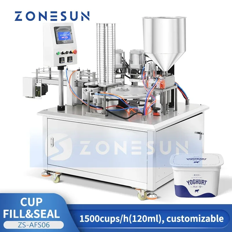 Zonesun Machine Automatic Yogurt Cup Filling and Sealing Machine Rotary Cup Roll Film Sealing Machine ZS-AFS06