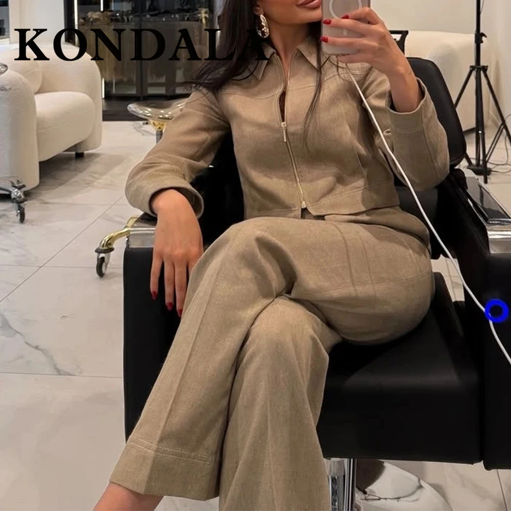 

KONDALA шикарные осенние повседневные женские костюмы цвета хаки, куртка на молнии с длинными рукавами + прямые брюки с высокой талией, модный винтажный костюм 2023 г.