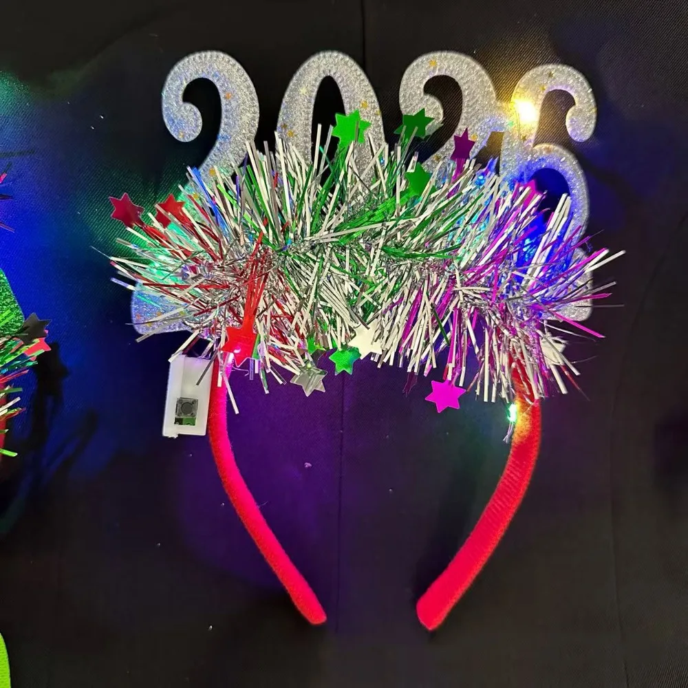 

Sequin 2026 Happy New Year Headband Cute Sweet LED Glow Hair Bands Colorful Photo Prop New Year Decorative Headdress Cosplay