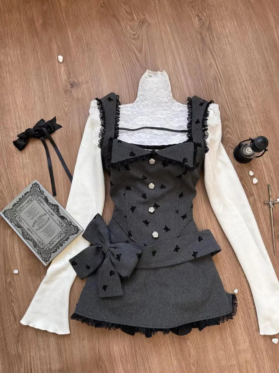 Winter Japanese Vintage New Three Piece Set Women Lace Blouse+geay Vest+bow Mini Skirt Female Korean Kawaii Designer Set 2024