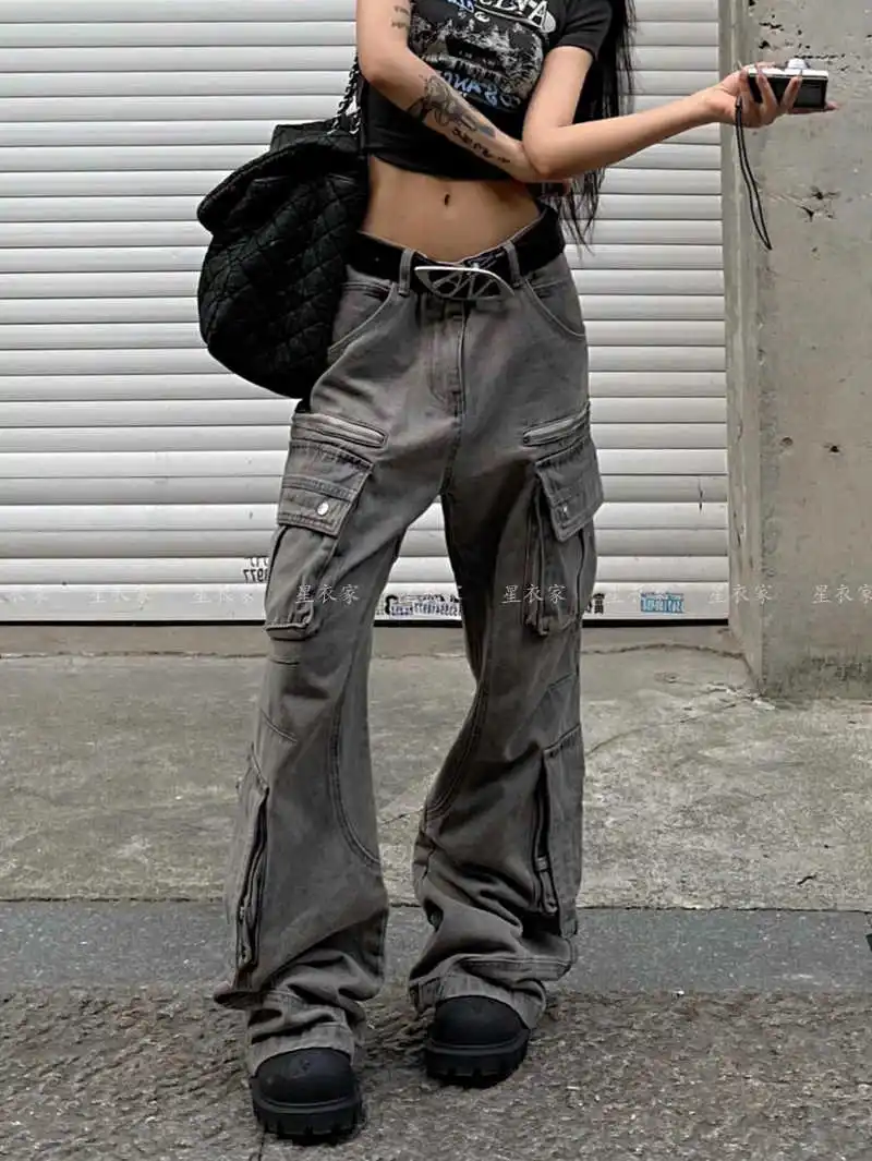 

Blue High Waist Women Jeans Double Waist Design Feeling Vintage Streetwear Y2K Wide Leg Jeans Female Trouser Baggy Denim Pants