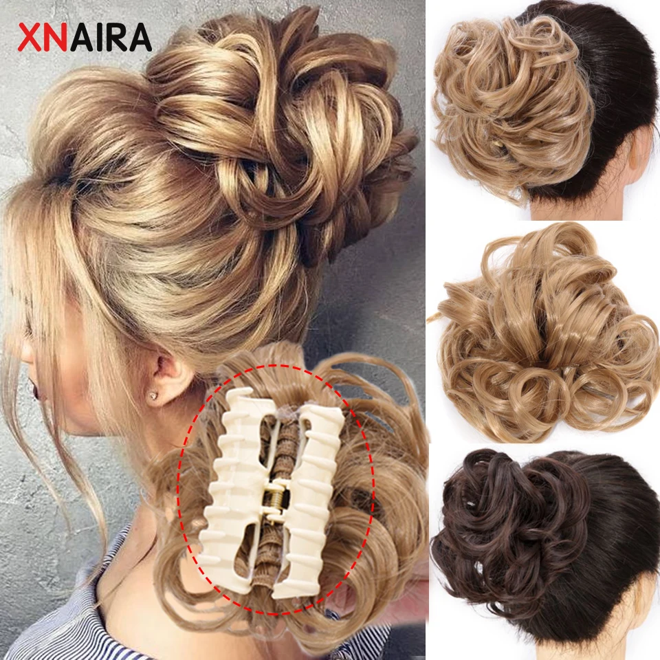 XNaira Synthetic Hair Bun Black Brown Wavy Messy Scrunchies Bun Claw Clip in Hair Extension Updos Hairpieces for Women Chignons