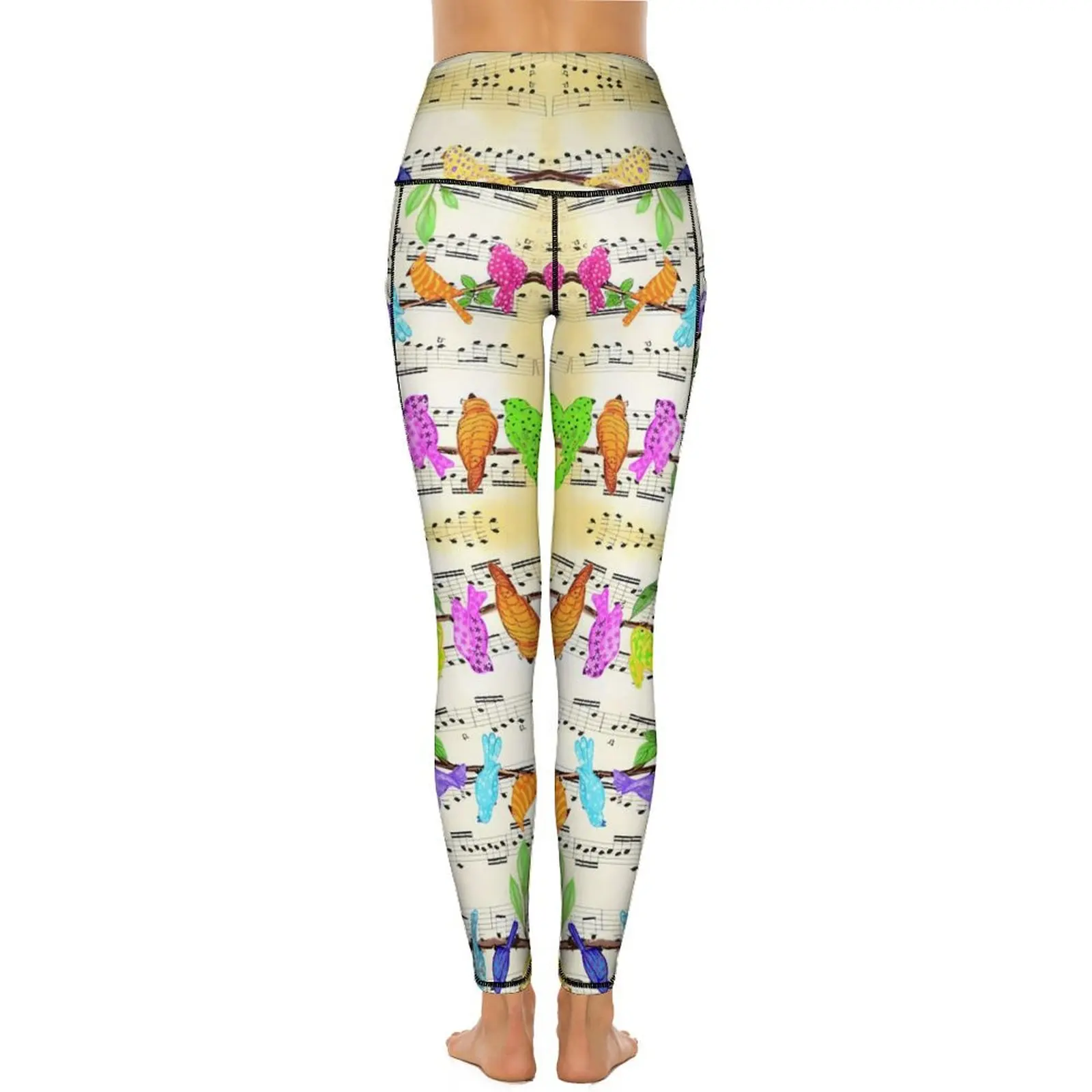 Musical Pássaro Stretchy Yoga Leggings com Bolsos, Calças de Treino, Cintura Alta Sports Meias, Design Novidade, Sexy, Colorido, Animal